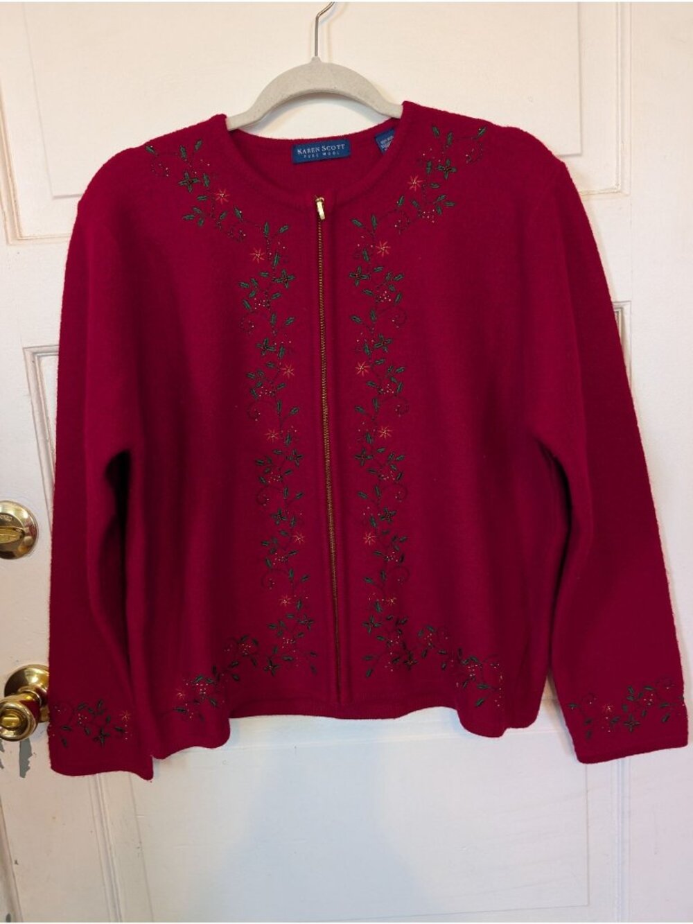 Vintage Karen Scott Red Pure Wool Zip-up Holiday Cardigan Size L Grandmacore
